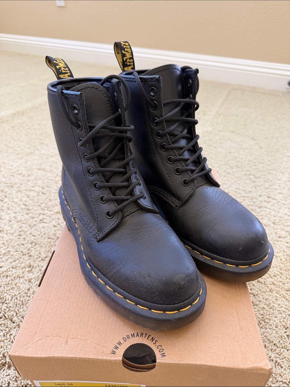 Dr. Martens Black Leather 8-Eye Lace-Up Boots, Size 7 Women / Size 6 Men